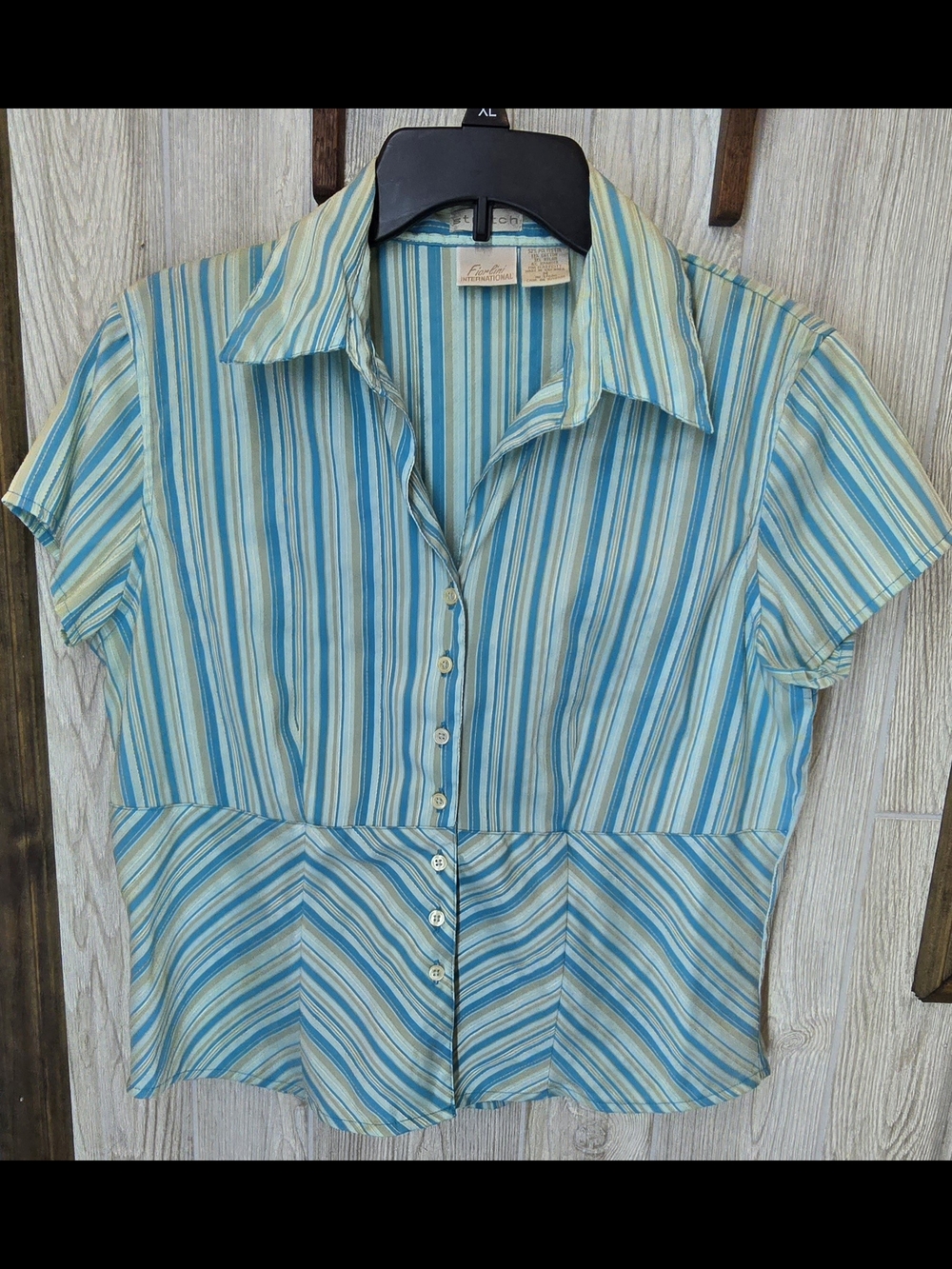 Striped Short-Sleeve Button-Down Shirt in Light Blue and Cream